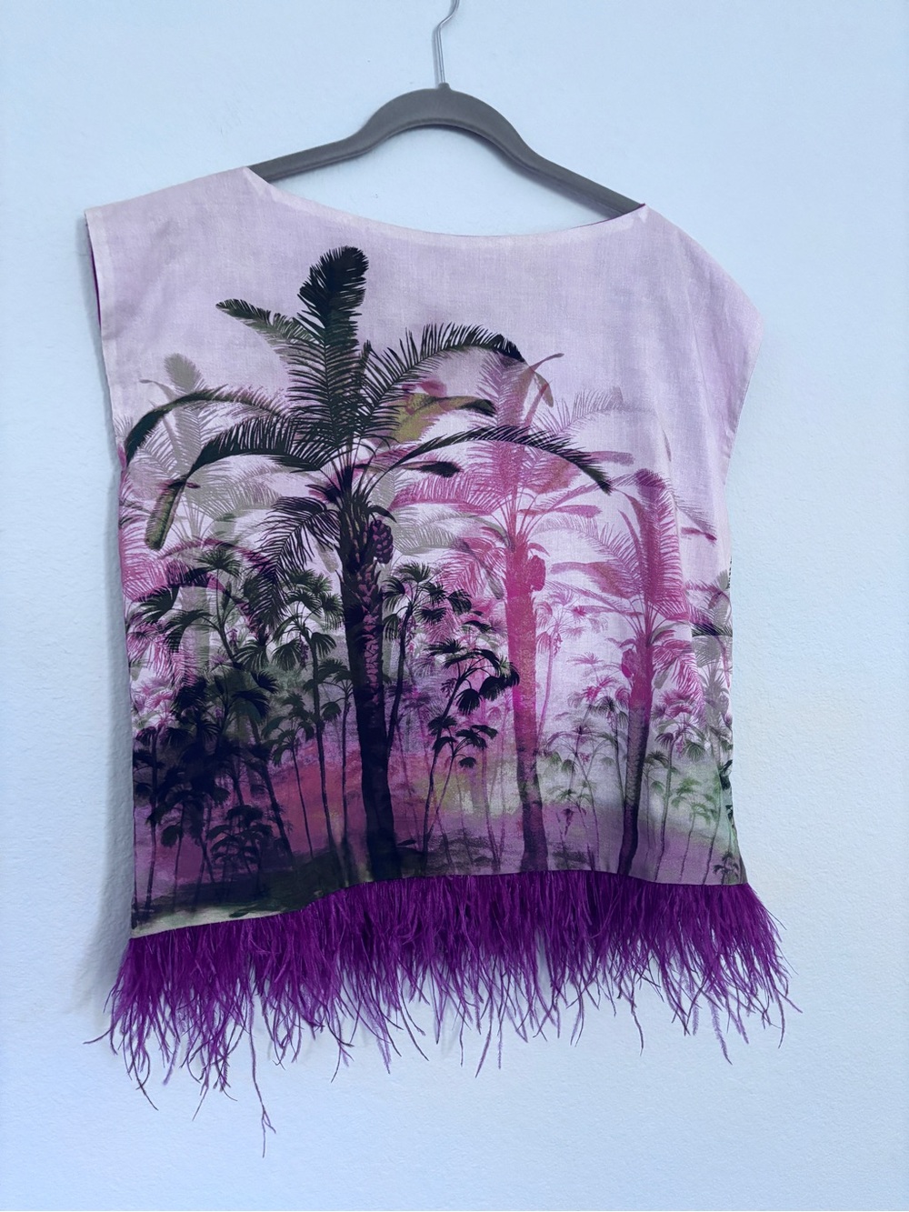 Women's Pink Tropical Print Fringe Hem Top